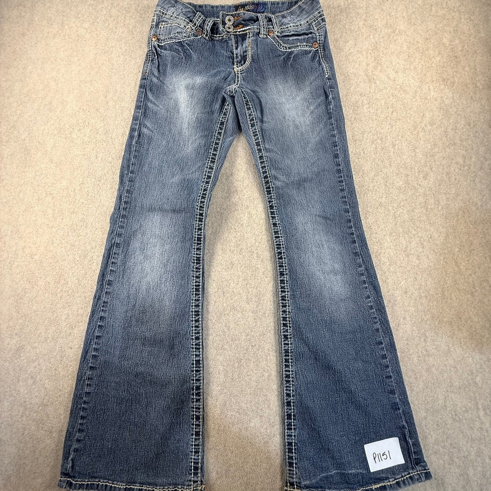 Angels Jeans Womens 7 Medium Wash Flare Leg Double Button Contrast Stitch Denim